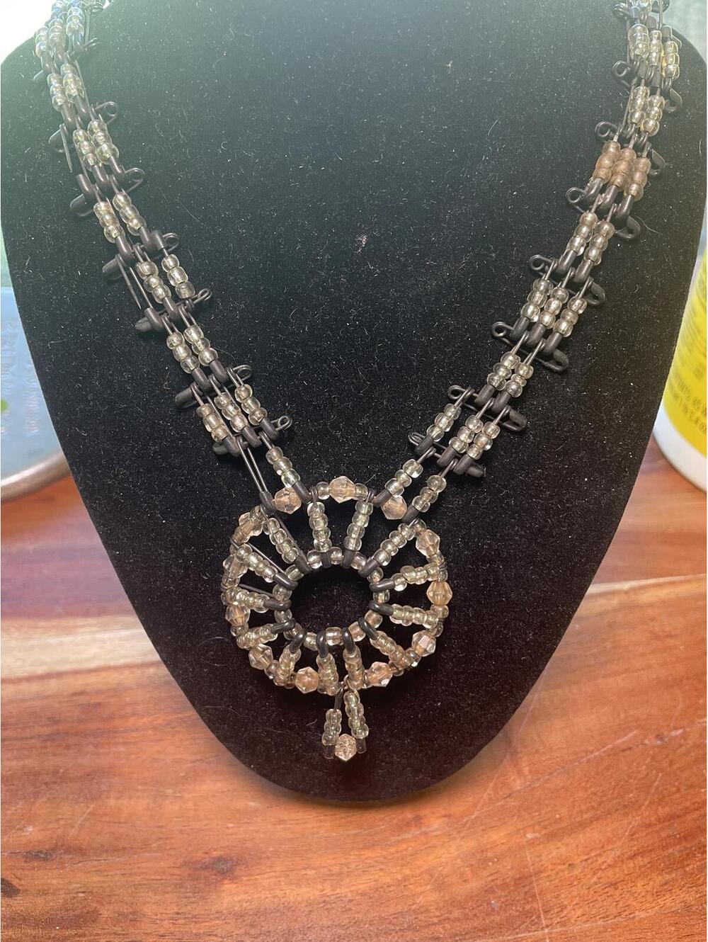 Vintage 1970's Silver Tone Safety Pin and Bead Necklace